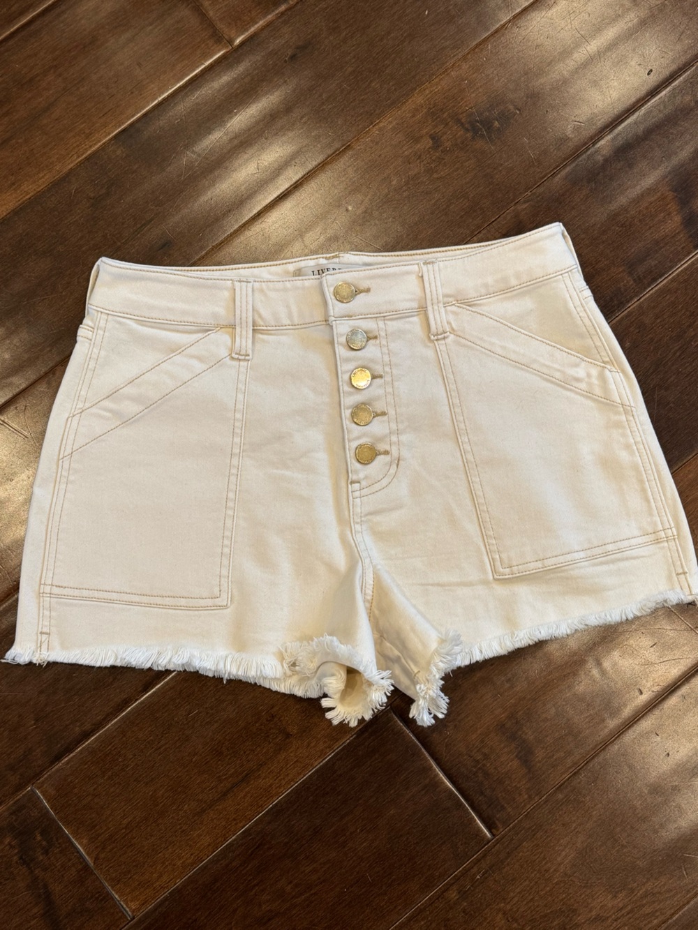 Angels White High-Rise Button-Front Denim Shorts